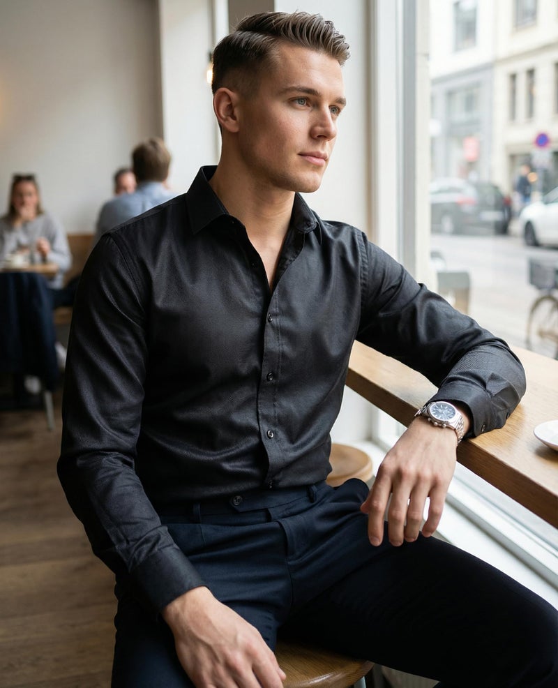 Beninos Men's Dress Shirts Solid Long Sleeve Texture Formal Shirt Business Casual Button Down Shirts (C455 Black, M) - Image 3